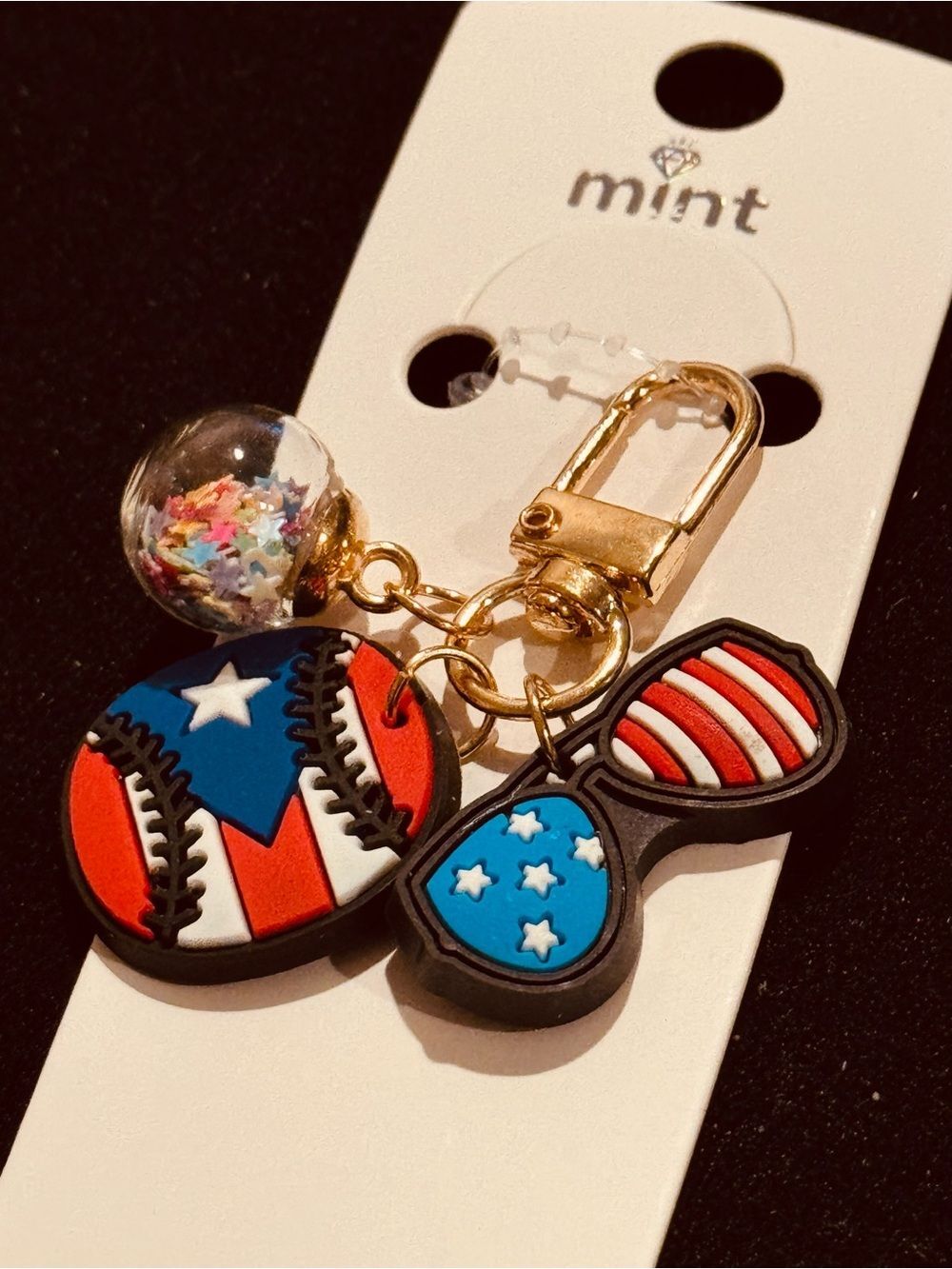 NWT Mint USA Zipper Pull 250th Patriotic Baseball Glasses Bag Charm Keychain